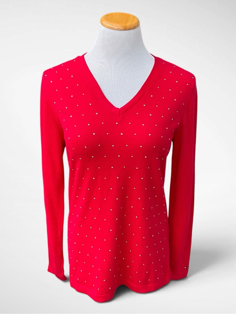 NWT Tommy Hilfiger Red V-Neck Beaded Long-Sleeve Pullover Sweater